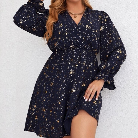 Navy blue gold stars flounce sleeve holidays party dress - Picture 3 of 8